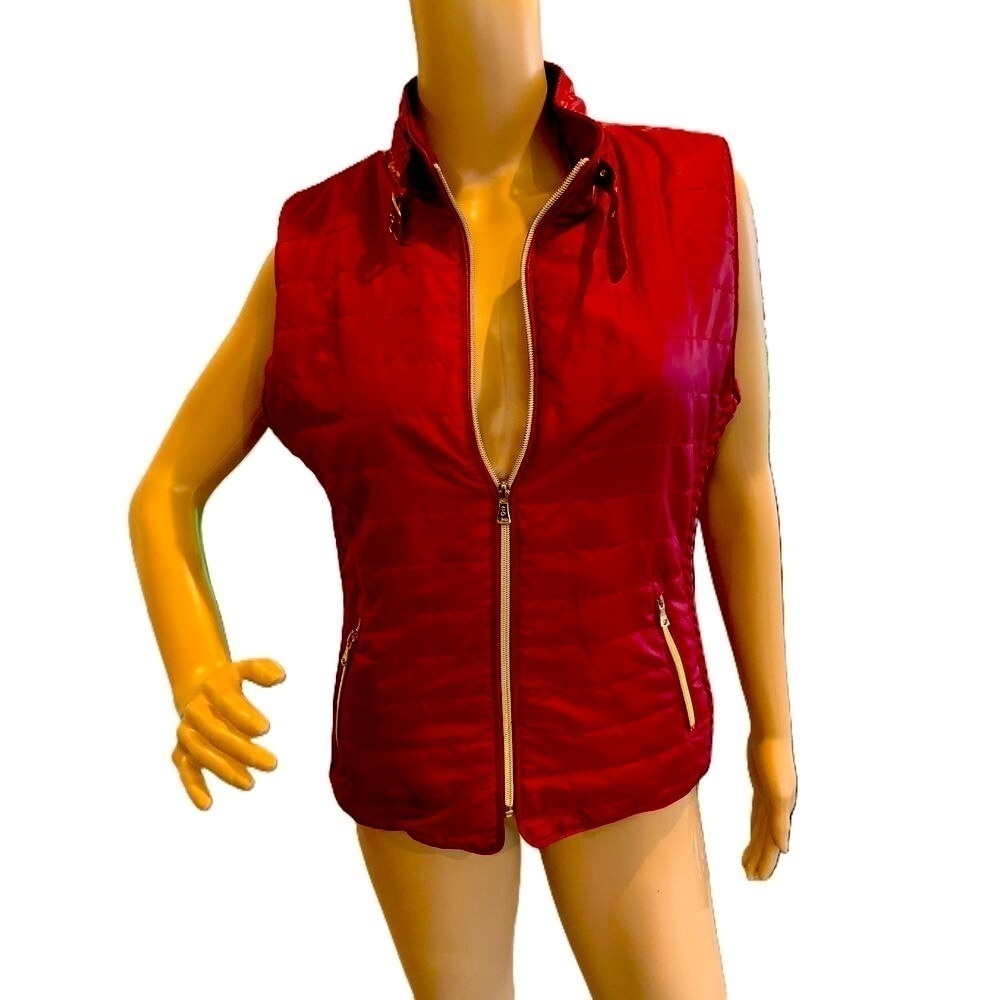 U-Bien Red Sleeveless Zip Puffer High Collar Zipper Pockets Womens Vest Size Med